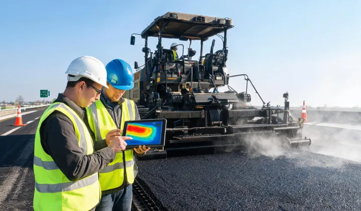 Engineers reviewing paving temperature map on highway site