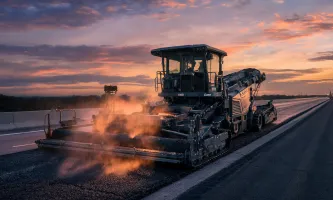 Asphalt paver laying highway mat