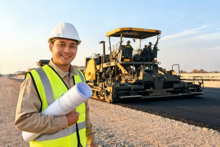 Site supervisor planning paving crew beside asphalt paver