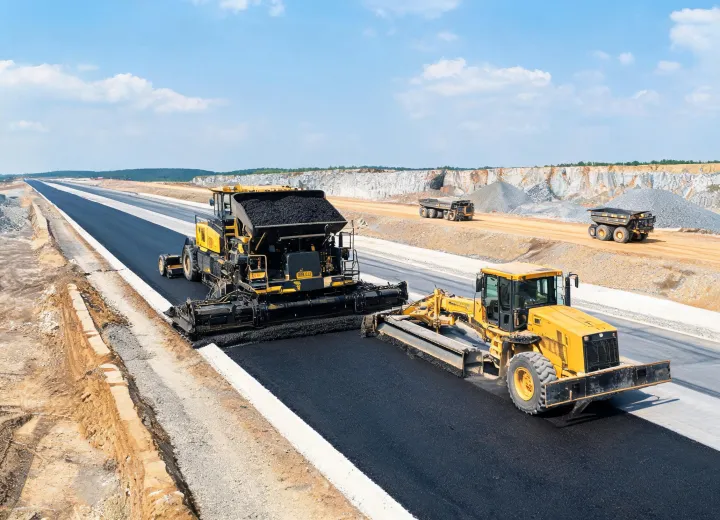 Paving and grading crew on multi-scenario jobsite