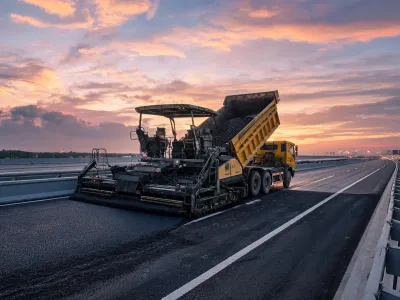 Asphalt paver on highway corridor